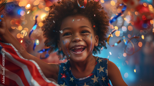 Joyful Black child celebrates 4th of July with sparkler & flag. photo