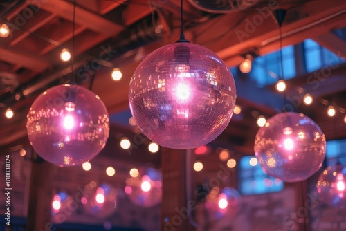 Multiple disco balls suspended, casting warm ambient light and creating a festive party atmosphere in an indoor setting