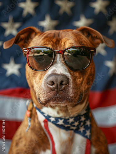 Patriotic pup in sunglasses holds American flag. Memorial Day tribute. 