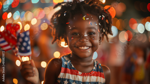 Joyful Black child celebrates 4th of July with sparkler & flag. photo