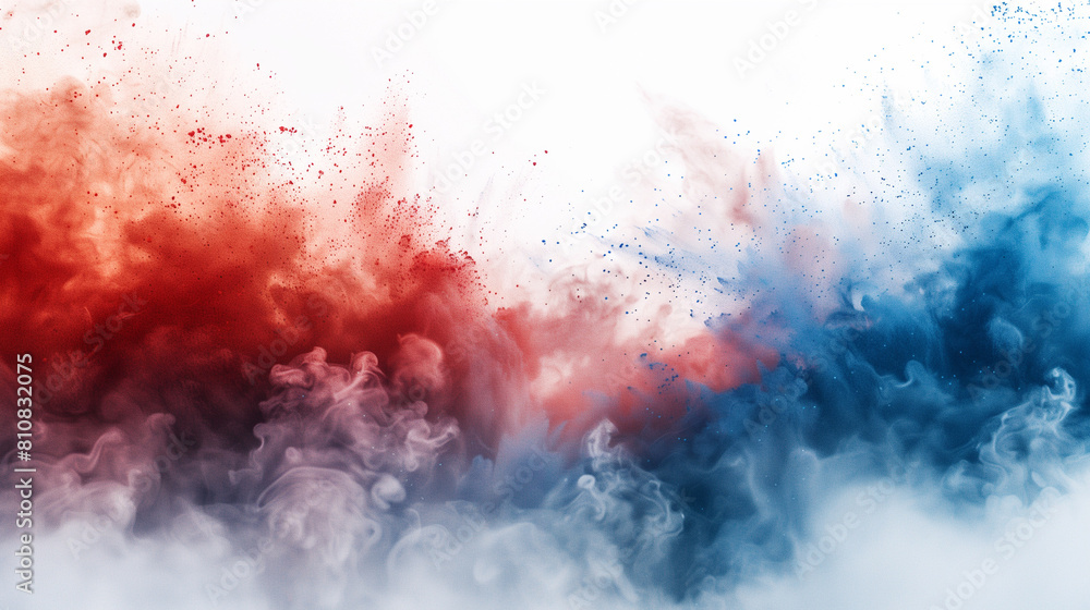 Red, white, and blue dust explodes. Abstract Labor Day or memorial day celebration. isolated on white. copy space Red, white, and blue dust explodes. Abstract Labor Day or memorial day celebration. isolated on white. copy space