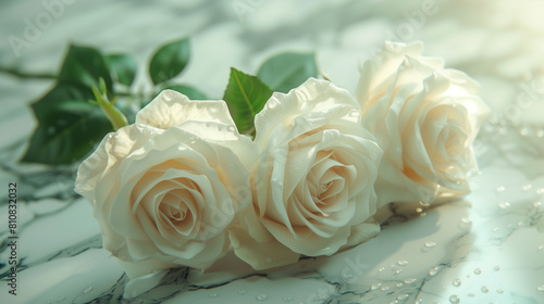 White roses bouquet on marble background. Funeral, sympathy, peace. copy space © Dinusha