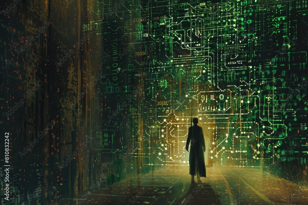 A man standing in front of a wall of electronic circuits. Suitable for technology and innovation concepts A man standing in front of a wall of electronic circuits. Suitable for technology and innovation concepts
