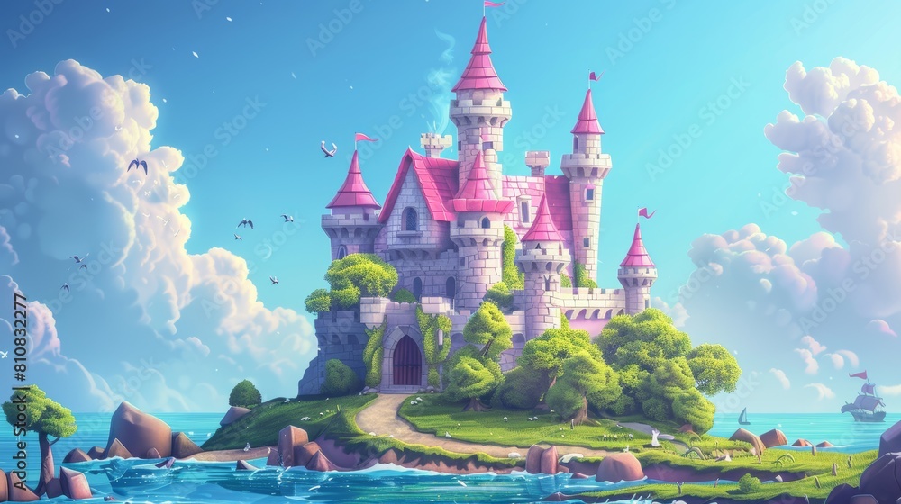 Fairy tale palace with turrets and trees surrounding. Scenery landscape leading to medieval fantasy fortress gates. Cartoon modern illustration. Fairy tale palace with turrets and trees surrounding. Scenery landscape leading to medieval fantasy fortress gates. Cartoon modern illustration.