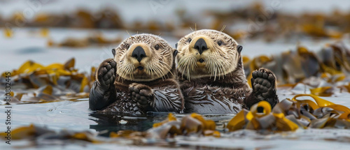 Group of playful sea otters floating together on their backs in the calm ocean water. photo