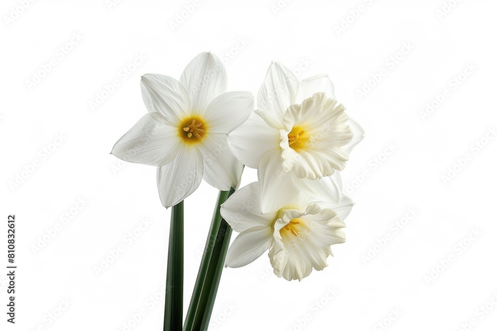 Three white daffodils in a vase on a table. Suitable for home decor advertising Three white daffodils in a vase on a table. Suitable for home decor advertising