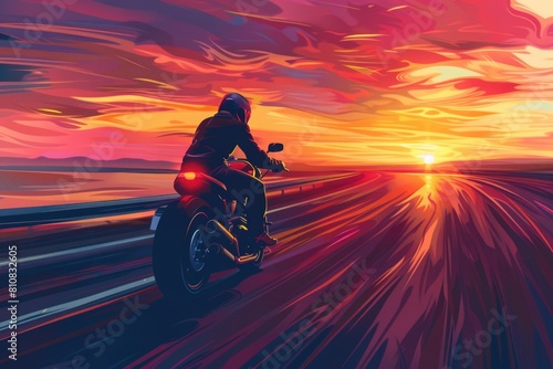 A man riding a motorcycle down a road at sunset. Suitable for travel and adventure themes