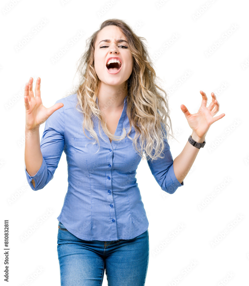 Beautiful young blonde business woman over isolated background Shouting frustrated with rage, hands trying to strangle, yelling mad Beautiful young blonde business woman over isolated background Shouting frustrated with rage, hands trying to strangle, yelling mad