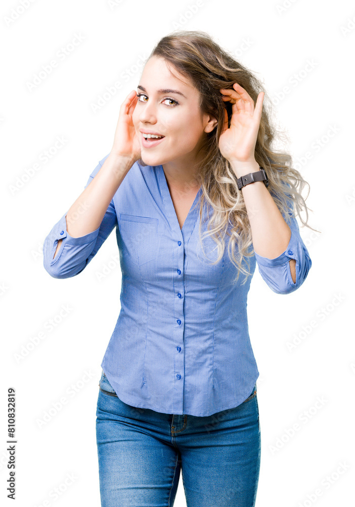 Beautiful young blonde business woman over isolated background Trying to hear both hands on ear gesture, curious for gossip. Hearing problem, deaf Beautiful young blonde business woman over isolated background Trying to hear both hands on ear gesture, curious for gossip. Hearing problem, deaf