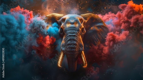 A colorful smoke bomb explodes in front of an elephant head with golden armor against a dark background,Generative AI illustration.
