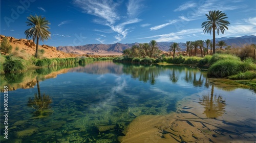 A desert area surrounded by ponds and trees  with mountains in the distance in the foreground Generative AI illustration.