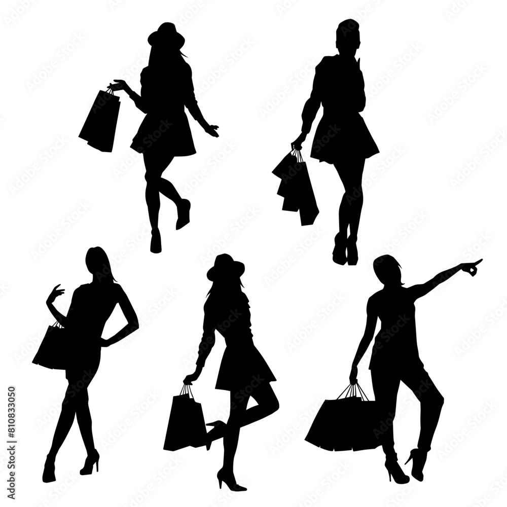 Silhouette collection of woman carrying shopping bag. Silhouette collection of female doing shopping 