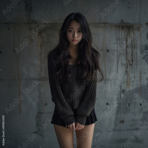 Beautiful Asian Girl Posing T-Shirt For a Picture. photo