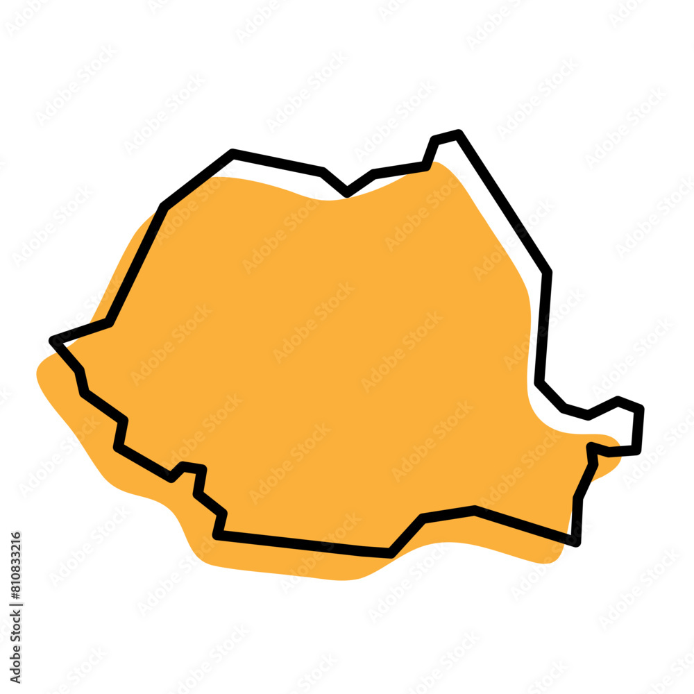 Romania country simplified map. Orange silhouette with thick black sharp contour outline isolated on white background. Simple vector icon Romania country simplified map. Orange silhouette with thick black sharp contour outline isolated on white background. Simple vector icon