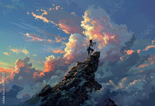 A man assists a woman in climbing a mountain as the sun sets over the horizon