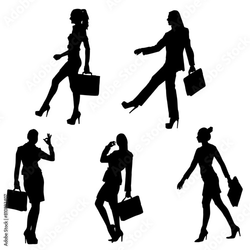 Silhouette collection of business woman carrying briefcase in expressive pose.