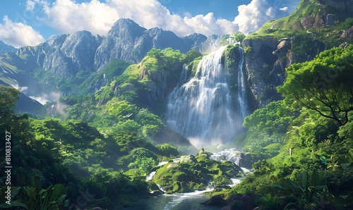 the dynamic energy of a cascading waterfall surrounded by rugged terrain and verdant vegetation  with the morning light casting dramatic shadows and highlights