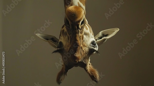 Giraffe face head hanging upside down. Generative Ai photo