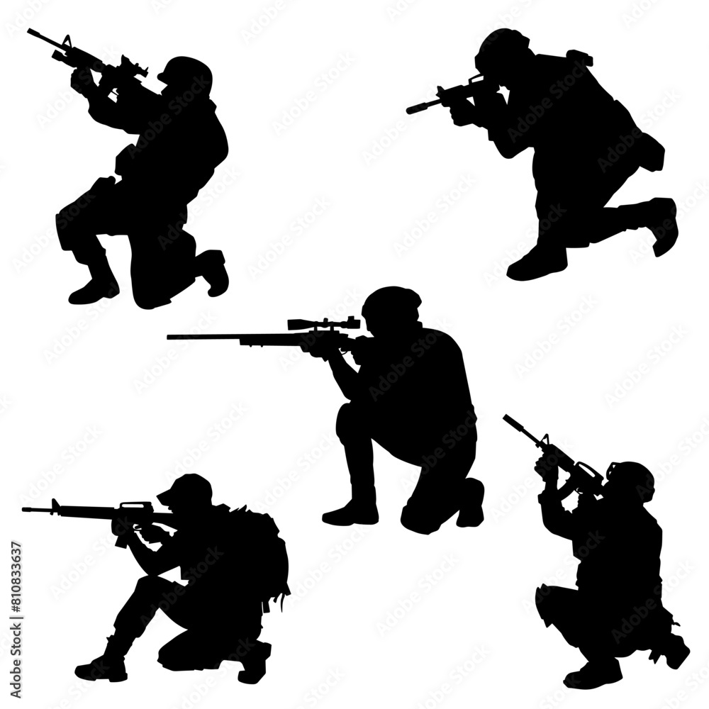 Silhouette collection of male soldier carrying machine gun weapon. Silhouette collection of sniper shooter in action. Silhouette collection of male soldier carrying machine gun weapon. Silhouette collection of sniper shooter in action.