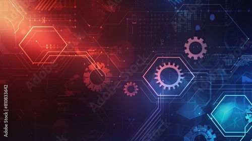 A digital conceptual gradiented image features a hexagon-striped business technology background adorned with an inclined arrow and mechanical gears, ideal for corporate branding and presentations.