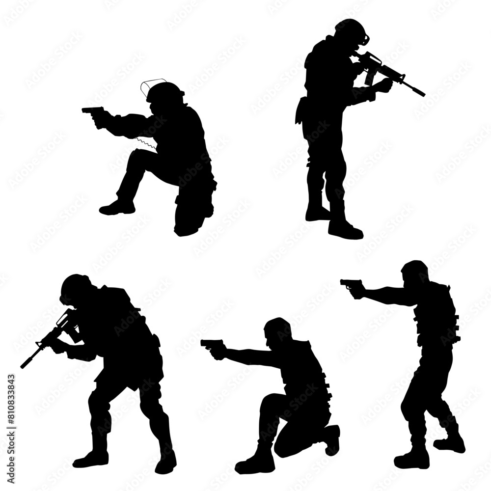 Silhouette collection of male police officer or soldier holding hand gun and machine gun weapon in action pose Silhouette collection of male police officer or soldier holding hand gun and machine gun weapon in action pose
