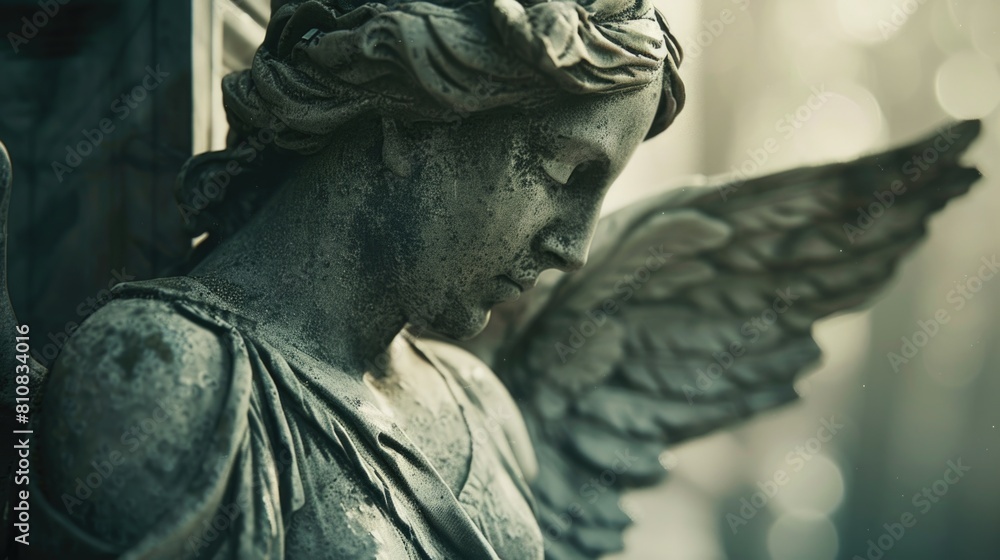 Detailed close up of an angel statue, perfect for religious or spiritual themes Detailed close up of an angel statue, perfect for religious or spiritual themes