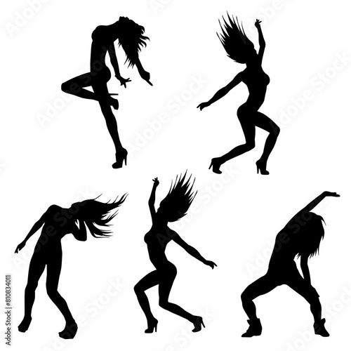 Silhouette collection of slim female doing energetic dance pose