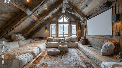 Stylish attic living room with wooden beams, plush sectional, and projector screen