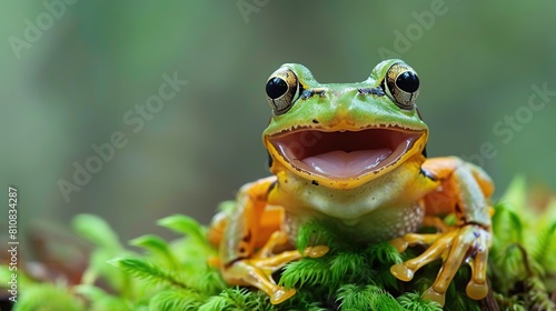 Gliding frog look like laughing on moss . Generative Ai