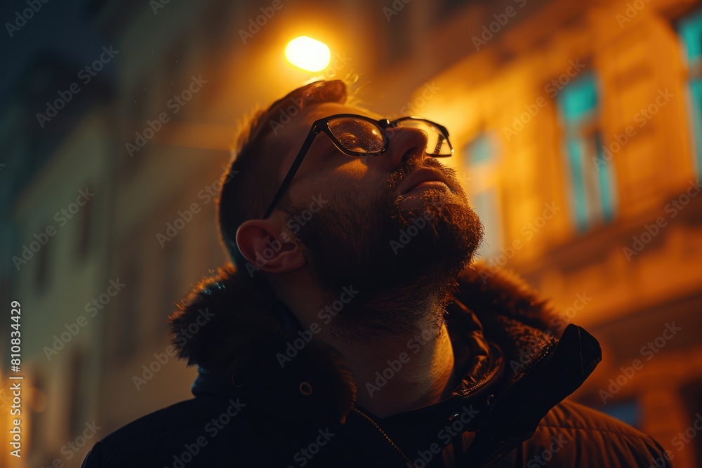 Fototapeta premium A man with a beard and glasses standing in front of a building. Suitable for business and architecture concepts