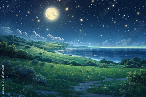 Serene Planet Glow  Ocean  Hills  Calmness - Digital Painting