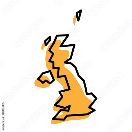 United Kingdom of Great Britain and Northern Ireland country simplified map. Orange silhouette with thick black sharp contour outline isolated on white background. Simple vector icon