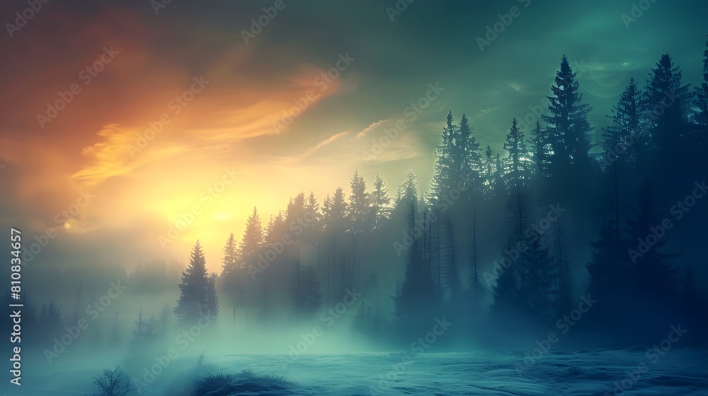 Sunrise Over Misty Pine Forest in Winter