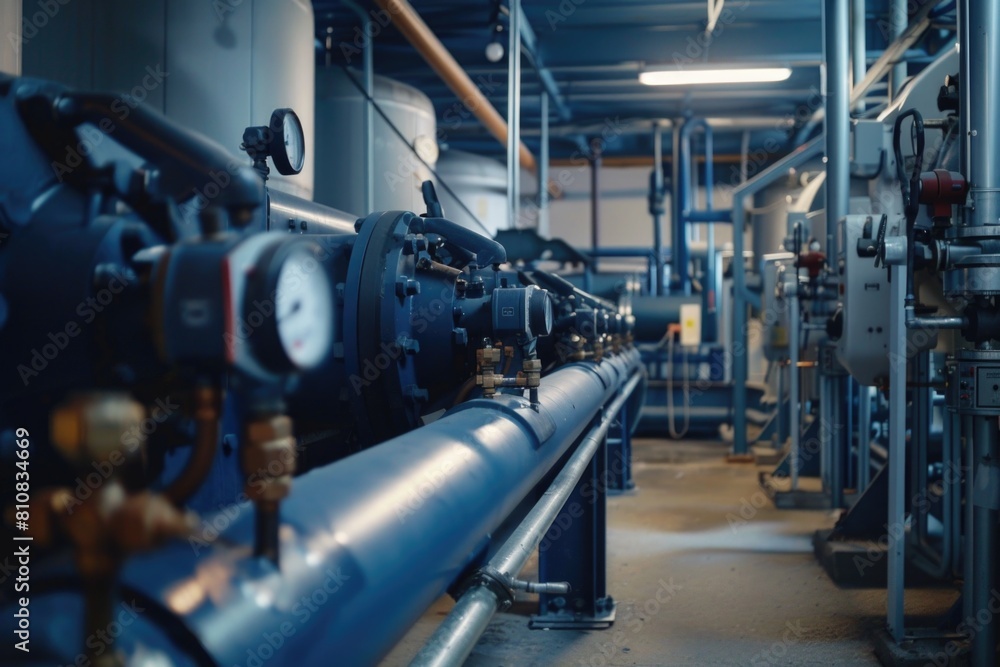 Industrial pipes and valves in a large building, suitable for industrial and engineering concepts