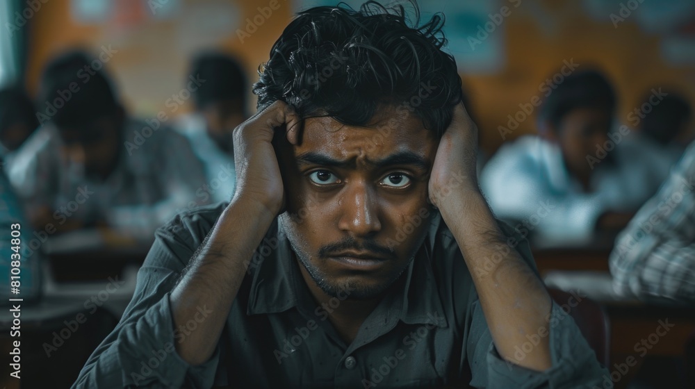 A man sitting with head in hands, suitable for education themes A man sitting with head in hands, suitable for education themes