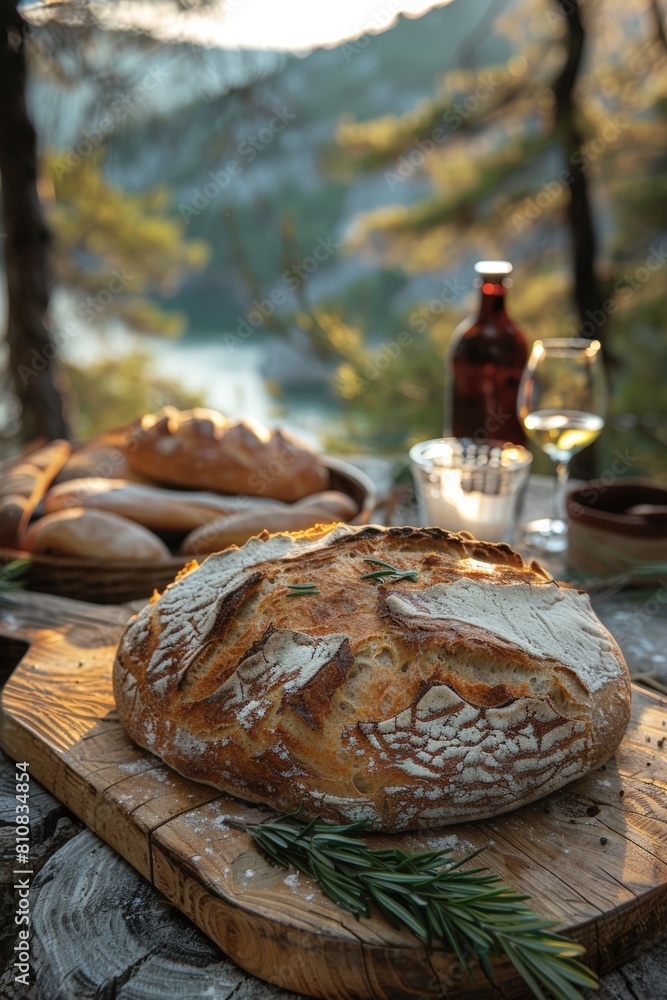 Artisan bread and wine on cutting board