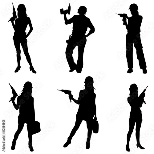 Silhouette collection of female workers in action pose with drill power tool