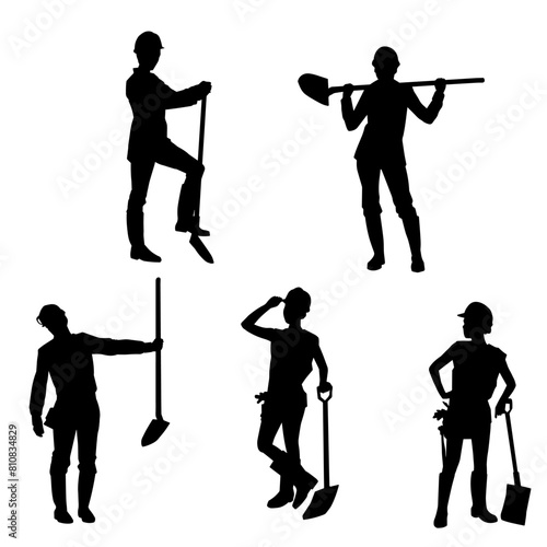Silhouette collection of female worker in action pose carrying shovel tool