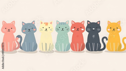 Illustration of Six Colorful Cats in Cute Cartoon Style