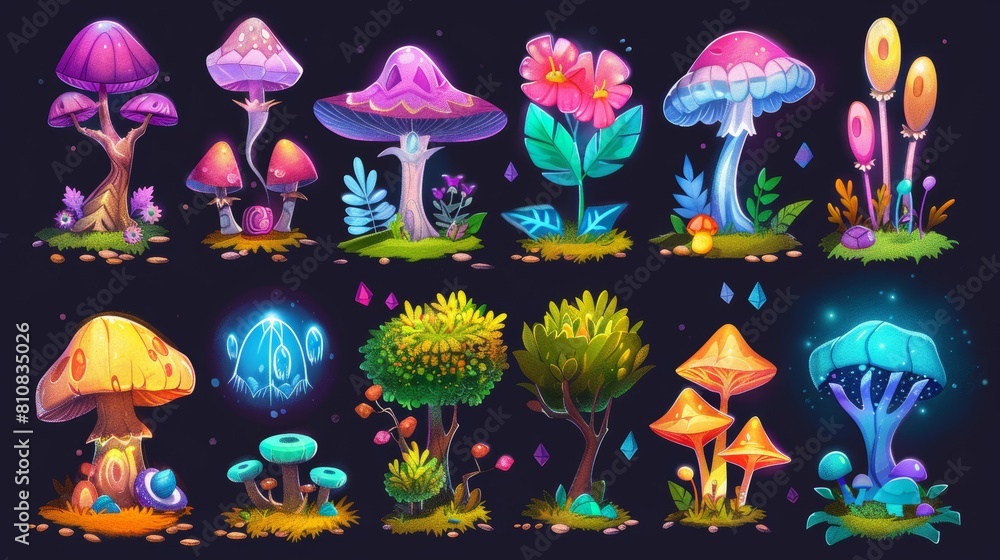Mushrooms, flowers, trees, alien planet or magic game plants isolated in cartoon modern style. Fantasy plant assets, strange fairy tale or extraterrestrial elements. Mushrooms, flowers, trees, alien planet or magic game plants isolated in cartoon modern style. Fantasy plant assets, strange fairy tale or extraterrestrial elements.