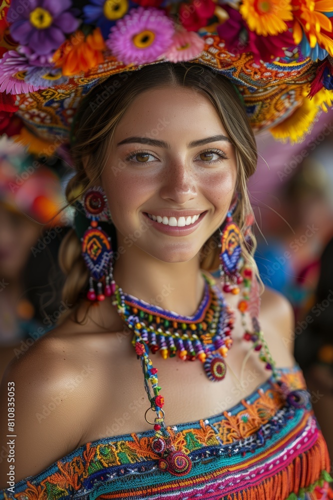 Woman in colorful dress and headdress at cinco de mayo parade