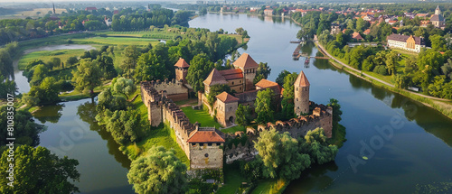 Medieval castle surrounded by moat with greenery, bridge, and tower against blue sky.