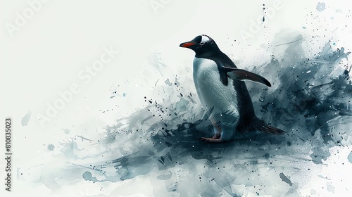 Illustrate a graceful penguin waddling across an ice-covered landscape in a vibrant watercolor style Focus on the penguins details against the serene backdrop of snow and ice photo