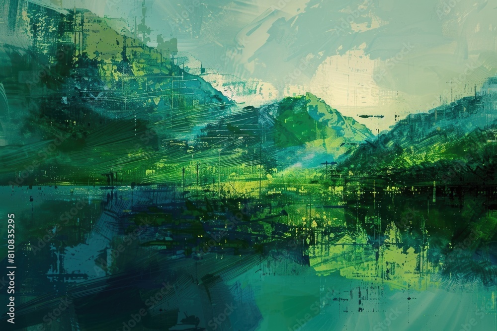 Scenic painting of a tranquil lake with majestic mountains in the background. Ideal for travel brochures or nature-themed designs Scenic painting of a tranquil lake with majestic mountains in the background. Ideal for travel brochures or nature-themed designs