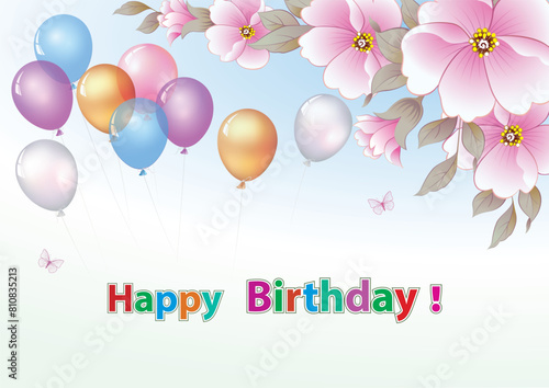 Birthday card. Festive background with floral pattern and balloons . Vector illustration