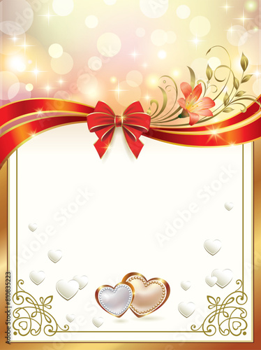Invitation card in gold frame with pattern and hearts is decorated beautiful lily and ribbon. Place for text. Vector illustration