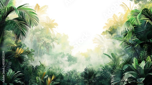 Illustrate the diverse tapestry of a tropical rainforest from a rear view angle using watercolors Infuse the image with a spectrum of greens