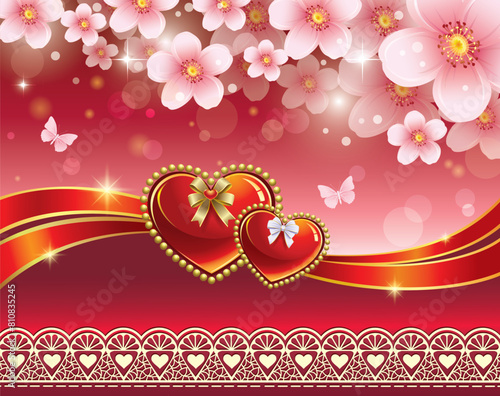 Festive floral background with decorative ribbon and hearts for cards, covers, congratulations on the holiday. Vector illustration