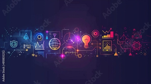 Vector creative innovate technology business process template Set of business concept horizontal illustration on dark background Hand draw flat line art style design for web, banne photo
