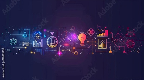 Vector creative innovate technology business process template Set of business concept horizontal illustration on dark background Hand draw flat line art style design for web, banne